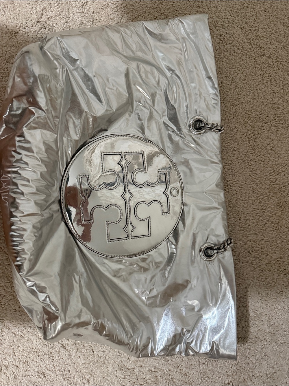 Tory Burch Silver Metallic Tote with Logo Medallion